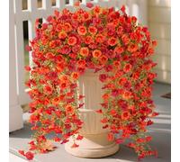 Hrobek Artificial Fall Hanging Flowers for Decoration, 2pcs Long Vine Fake Plants Morning Glory Eucalyptus, Realistic Faux Petunias for Planter Patio Porch Garden Autumn Outdoors Dec, Orange Red