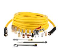 Hromee Air Compressor Hose and 19 Pieces Accessories Kit, 3/8 Inch x 25FT Hybrid Hose with Air Blow Gun, 1/4 Inch NPT Quick Connect Fittings, Tire Gauge and Wire Brush