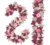 HRONG Fall Garland Decor, 70 Inch Faux Leaf Garland with Pumpkin Maple Leaves Berry Hanging Fireplace Front Door Wall Table for Thanksgiving Halloween Christmas Decoration (White Purple)