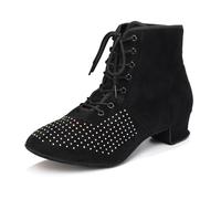 HROYL Women Latin Dance Ankle Boots Lace Up Low Heel Breathable Comortable Salsa Latin Line Dance Shoes GBNJB-Z-Black-3-S,UK 4.5