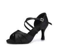 HROYL Women Latin Salsa Dance Shoes Satin Ballroom Practice Performence Dancing Shoes, EM-L3047-DB-Black-7-S,UK 3