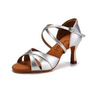 HROYL Women Latin Salsa Dance Shoes Satin Ballroom Practice Performence Dancing Shoes, EM-L3047-DB-Silver-7-S,UK 5