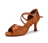 HROYL Women Latin Salsa Dance Shoes Satin Ballroom Practice Performence Dancing Shoes, EM-L3047-DB-Tan-7-S,UK 4.5