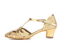 HROYL Women T-Strap Glitter Latin Dance Shoes Low Heel Salsa Tango Ballroom Latin Party Wedding Dancing Shoes,511-Gold-4.5,7 UK