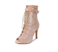 HROYL Women's Ankle Dance Boots Lace Up Latin Salsa Ballroom Party Sandals Heels Dance Shoes,M052-Apricot-9.5,6.5UK