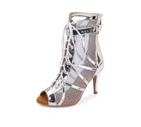 HROYL Women's Ankle Dance Boots Lace Up Latin Salsa Ballroom Party Sandals Heels Dance Shoes,M052-Silver-9.5,3.5UK
