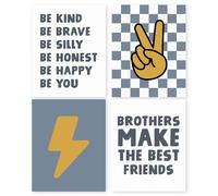 HRQKO Boys Room Wall Art Poster Prints Set of 4, Brothers Make The Best Friends Printing Posters Wall Decor, Boys Rules Affirmations Prints for Bedroom Playroom 8”x10” Unframed(blue1)
