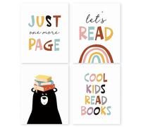 HRQKO Cool Kids Read Books Wall Art Poster Set of 4, Boho Rainbow Classroom Library Reading Corner Posters Wall Decor, Inspirational Quotes Read Signs Prints for Playroom Nursery 8”x10” Unframed