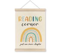HRQKO Reading Corner Classroom Poster Hanger Frame, Just One More Chapter Wall Art with Wooden Frames, Boho Rainbow Classroom Wall Hanging Banner Decor for Kids Reading Corner Playroom, 12x16inch