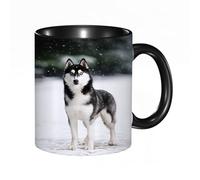 HRRASFAZF Ceramic Coffee/Tea Mug, 11 oz Funny Mugs,Portrait Black and White Siberian Husky Standing Against The Blue Snow. Dogs on t,Gifts for Mothers Day,Birthdays,Christmas,Valentines,Anniversaries