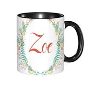 HRRASFAZF Ceramic Coffee/Tea Mug, 11 oz Funny Mugs,Zoe, Flowering Nature Design Foliage Leaves Silhouette Baby Girl Name Arrangement,Gifts for Mothers Day,Birthdays,Christmas,Valentines,Anniversaries