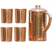 HRS India Copper Water Jug 2 Liter Hammered Pitcher with 4 Copper Drinking Tumbler Glass 300ML Water Drinking Storage Pot Ayurveda Health Benefits