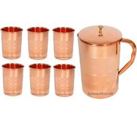 HRS India Pure Copper Water Pitcher Jug Brass Knob Lid 1500ML with 6 Copper Water Tumbler 300ML Silvertouch Water Storage Pot Ayurveda Health Benefits