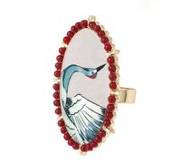 Hrtyvhin Dramatic Oval Statement Rings with Elegant Flower Bird Print Stylish Jewelry Finger Accessory for Women Girls Trendy Accessory