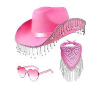 Hrtyvhin Fringed Cowboy Hat Scarf & Sunglasses Costume Set Western Cowgirl Musical Festival Dress Up Bachelorette Party Props Rhinestone Fringed Cowgirl Set Party Accessories