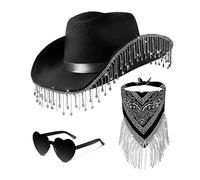 Hrtyvhin Fringed Cowboy Hat Scarf & Sunglasses Costume Set Western Cowgirl Musical Festival Dress Up Bachelorette Party Props Rhinestone Fringed Cowgirl Set Party Accessories
