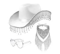 Hrtyvhin Fringed Cowboy Hat Scarf & Sunglasses Costume Set Western Cowgirl Musical Festival Dress Up Bachelorette Party Props Rhinestone Fringed Cowgirl Set Party Accessories