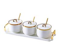 HRWLY Ceramic Sugar Bowl, Salt and MSG, Seasoning Pot, Box, Household Three-piece Set(D)
