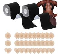 HSAJS Body Tape Strapless Bra2 Rolls, Adhesive Sticky Bra with 15 Pairs Satin Petal Nipple Covers Push Up Invisible Body Tape for A-E Cups, Black