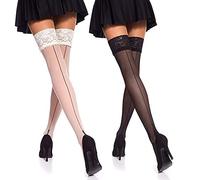 HSAJS Lace Sheer Thigh Hold Ups Stockings with Back Seam Anti-skid Silicone Band Thigh High Stockings With Lace Top 2 Pack Stockings for women (White + black)