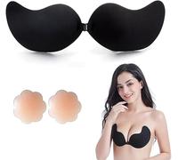 HSAJS Strapless Bras Invisible Adhesive Stick on Bra Sticky Bra Silicone Backless Push Up Bra with Pull-up Nipple Covers Reusable Frontless Bra for Swimsuit Women (C, Black)