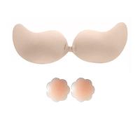 HSAJS Strapless Bras Invisible Adhesive Stick on Bra Sticky Bra Silicone Backless Push Up Bra with Pull-up Nipple Covers Reusable Frontless Bra for Swimsuit Women (B, Nude)