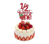 HSC 1 Pack Strawberry Happy 6 Months Birthday Cake Topper, Half Way to One Cake Pick, Berry Glitter 6 Months Cake Topper for 100 Days Baby Shower Party Decorations
