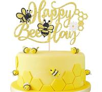 HSC 1 PCS Happy Bee Day Cake Topper Glitter Honeycomb Flower Bumble Bee Theme Cake Pick Baby Shower Bee Cake Decoration for Gender Reveal Baby Shower Kids Boys Girls Birthday Party Supplies Gold