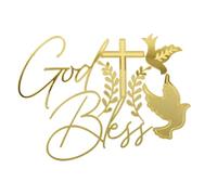 HSC 1 Set Holy Communion Cake Topper Acrylic Cross with 2 Doves, 2 Leaves & God Bless Decoration - Gold Baptism Confirmation Party Supplies (12cm x 15cm) for First Communion, DIY Cakes