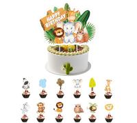 HSC 13 PCS Jungle Animal Cake Toppers,Animals Happy Birthday Cake Toppers Cake Decorations,Jungle Animal Birthday Cupcake Toppers for Kids Boy Girl,Birthday Shower Party Supplies