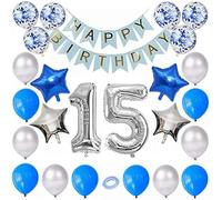 HSC 15th Birthday Decorations for Boys, Silver Blue Balloons Party Decoration With Happy Birthday Banner,15 Blue Party Decoration for Him