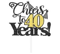 HSC 1Pc "Cheers to 40 Years" Cake Topper Black & Gold Glitter Paper with Double Hat Design, Single-Sided Cake Topper for 40th Birthday & Wedding Anniversary, Self-Assembly with Adhesive Dots & Sticks