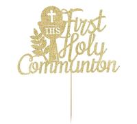HSC 1Pc First Holy Communion Cake Topper Glitter Christian Baptism Christening Confirmation Cake Decorations with Gold Paper Surface Supplies 6.65x4.53in