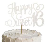 HSC 1Pc Happy Birthday Cake Topper Heart Design Silver Glitter, Sweet 16 Birthday Decorations for Girls Boys, 16th Cake Decorations with Paper Material 1pc
