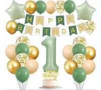 HSC 1st Birthday Decorations for Boys Girls, Gold/Light Gold/Green Balloon Set with 32 Inch Digital Number 1 Balloon, Happy Birthday Banner, Cake Topper, Latex Confetti Balloons for Baby 1 Year Old Pa