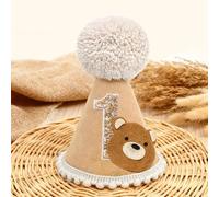 HSC 1st Birthday Hat, Beary First Birthday Hat, Bear Pattern Cozy Cone Hat for Baby Boys Girls, Adjustable Beige Brown Baby's First Party Hat Photo Prop