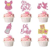 HSC 24Pcs Baby Shower Cupcake Toppers Glitter Paper with 6 Designs (Bow Dress/Milk Bottle/ABC Blocks/Stork/It's a Girl/Oh Baby) Pink Baby Shower Decorations for Girls Gender Reveal Party Supplies