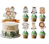 HSC 25Pcs Jungle Safari Animal Cake Toppers Set - 24 Mini Figurines (6 Animal Designs) + 1 Large Jungle Theme Centerpiece for Kids Birthday Decor, Wild Animal Party Supplies & Baby Shower Celebrations