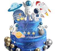 HSC 28Pcs Space Cake Topper,Space Cupcake Toppers Astronaut Figurine Birthday Outer Space Themed Party Decorations Supplies Planet Rocket Pearl Balls and Star DIY Cake Topper