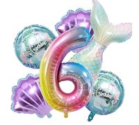HSC 6PCs Mermaid Foil Balloons Set for Under the Sea & Princess Birthday Decorations - 2 Shell, 2 Round, 1 Tail, 1 Number 6 Balloons (19-32 Inch) Mermaid Theme Kids Party Decoration