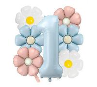 HSC 7 Pcs Giant Blue Daisy Number 1 Balloons 40 Inch/101cm with 18 Inch/45cm White/Pink/Blue Daisies, 1st Birthday Party Decorations for Girls & Boys - DIY Kit Includes Glue Dots, Ribbons, Straws