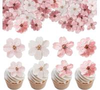 HSC 75 Pack Edible Flowers for Cakes Cherry Blossom Toppers Edible Cake Decorations Rice Wafer Paper Cake Picks for Bridal Baby Shower Kids Birthday Pink