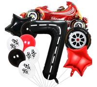 HSC 7th Birthday Decorations for Boys, 7 Balloon,Number 7 Balloon, Racing Car 11PCS Party Foil Balloons Set with 40Inch Number 7, 18Inch Track Car, Tire & Star Balloons for Birthday Party Supplies