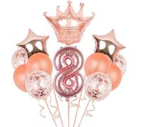 HSC 8th Birthday Decorations Set - 12Pcs Reusable Rose Gold Foil Balloons with Number 8, Stars & Crown for Girls & Boys Party Supplies