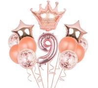 HSC 9th Birthday Decorations 9th birthday balloons Set - 12Pcs Reusable Rose Gold Foil Balloons with Number 9, Stars & Crown for Girls & Boys Party Supplies