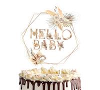 HSC Baby Shower Cake Topper, Gender Reveal Cake Toppers - HELLO BABY Hexagon White Cardstock with Boho Floral Design & Rose Gold Edging for Party - Includes DIY Glue Dots & Cotton Buds - 1PC