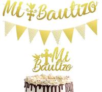 HSC Baptism decorations Boy & Girl, Baptism Cake Topper, Christening Cake Topper, Christening Banner for Girls & Boys - 3PCS Gold Glitter Mi Bautizo Banner & Cupcake Toppers with Cross & Dove Design