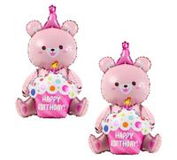 HSC Bear Balloons, Happy Birthday Balloons, 2Pcs Pink Sitting Bear Holding Cake Foil Balloon for Birthday, Theme Party Decorations