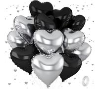 HSC Black Birthday Decorations, Black and Silver Balloon, 12 Pack 18 Inch Heart Foil Balloons for Men Women, Reusable for Birthday, Graduation, Wedding, Engagement, Business Events Party Decorations