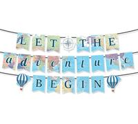 HSC Blue Let The Adventure Begin Leaving Party Decorations, Hot Air Balloons & Compass Map Banner with DIY String Kit, Bon Voyage Good Luck Paper Decoration for Going Away Celebrations